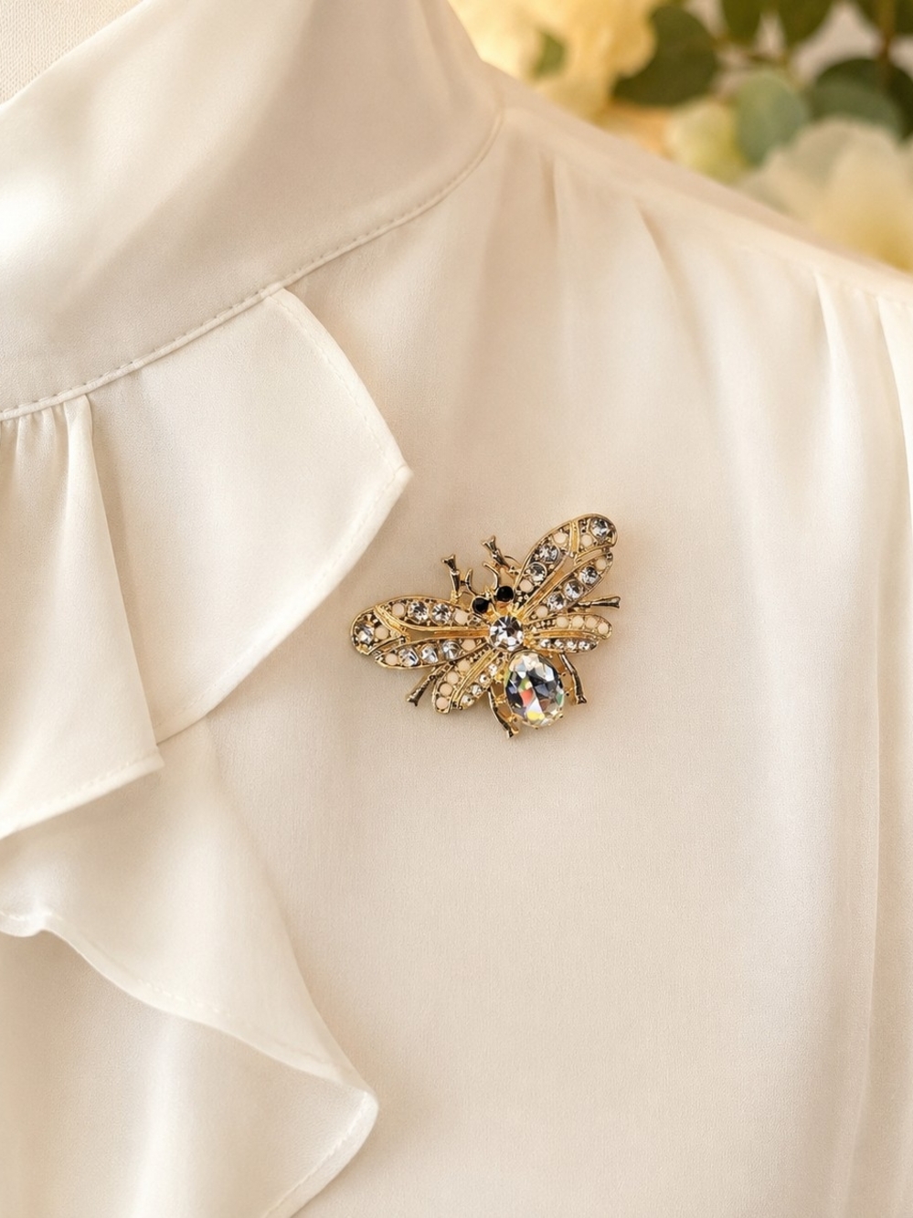 Fashion Jewelry - Gold Bee Brooch with Clear Crystal Accents By Mint